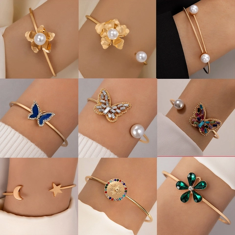 Fashion Alloy Floral Pearl Open Bangle For Women Gold Silver Plated Butterfly Star Moon Snake Adjustable Jewelry Finger Bracelet