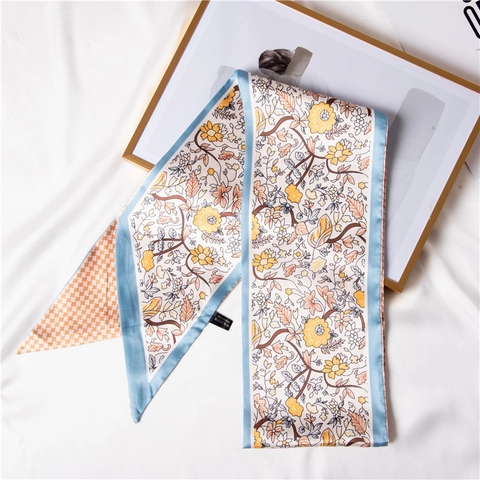 Women Floral Houndstooth Satin Twilly Scarf Double Sided Print Hair Band Bag Decoration Neck Tie Fashion Accessory