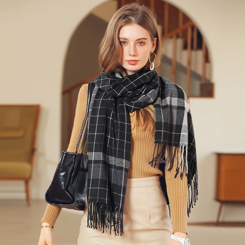 Women Classic Plaid Scarf Winter Warm Imitation Cashmere Large Check Tassel Shawl Wrap Soft Thick Checked Scarves For Ladies