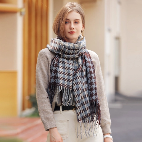 Vintage Houndstooth Scarf Thick Warm Imitation Cashmere Shawl Long Tassel Plaid Winter Scarf Elegant Soft Neck Wrap Women