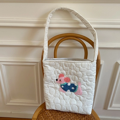 Borsa A Spalla Imbottita Poliere Grande Capacità Ricamo Cane Cartone Animato Tote Donna Carina Casual