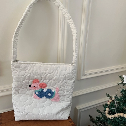 Borsa A Spalla Imbottita Poliere Grande Capacità Ricamo Cane Cartone Animato Tote Donna Carina Casual