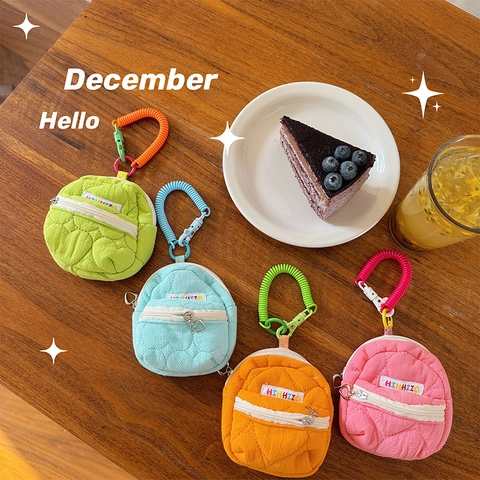Mini Backpack Shape Coin Purse Quilted Heart Pattern Earphone Pouch With Lanyard Candy Color Sweet Bag Charm