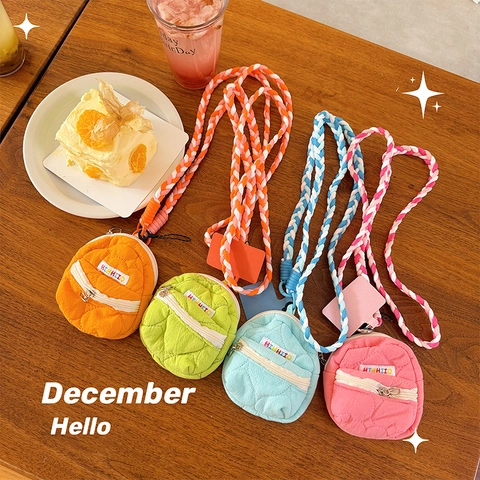 Mini Backpack Shape Coin Purse Quilted Heart Pattern Earphone Pouch With Lanyard Candy Color Sweet Bag Charm