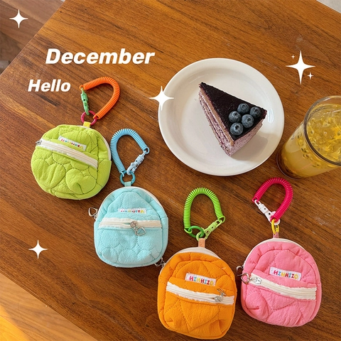 Mini Backpack Shape Coin Purse Quilted Heart Pattern Earphone Pouch With Lanyard Candy Color Sweet Bag Charm