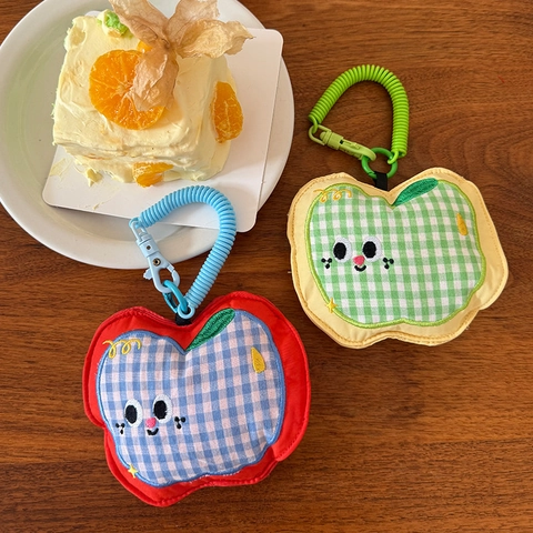 Cute Apple Shaped Checkered Fabric Earphone Bag Mini Cartoon Embroidery Coin Purse Bag Charm With Spring Lanyard For Women