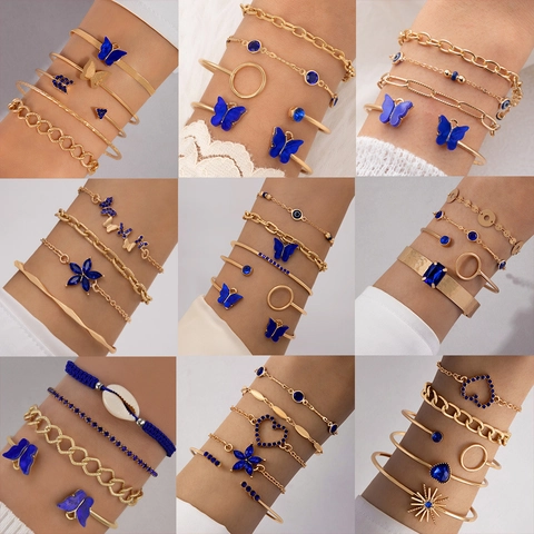 Fashion Gold Alloy Bracelets For Women Blue Rhinestone Butterfly Evil Eye Heart Layered Bangles Jewelry Accessories