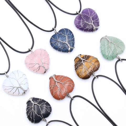 Heart Tree Of Life Pendant Necklace Natural Crystal Gemstone Silver Wire Wrapped Handmade Jewelry For Women Girls