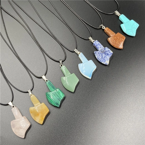 Natural Stone Carved Axe Pendant Necklace For Women Men Rose Quartz Green Aventurine Agate Crystal Gemstone Pendant With Black Cord