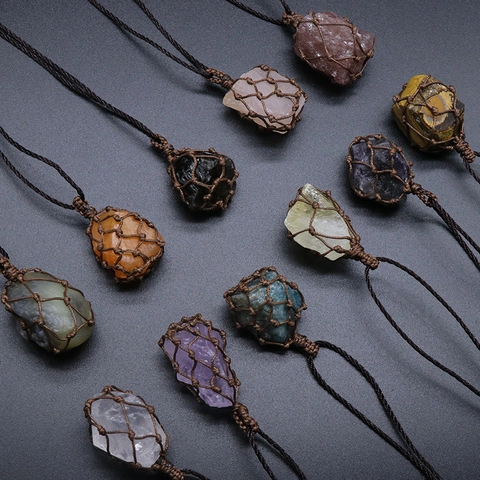 Raw Stone Pendant Necklace Hand Woven Cord Mesh Bag Wrap Healing Natural Amethyst Crystal Jewelry For Women Men Retro