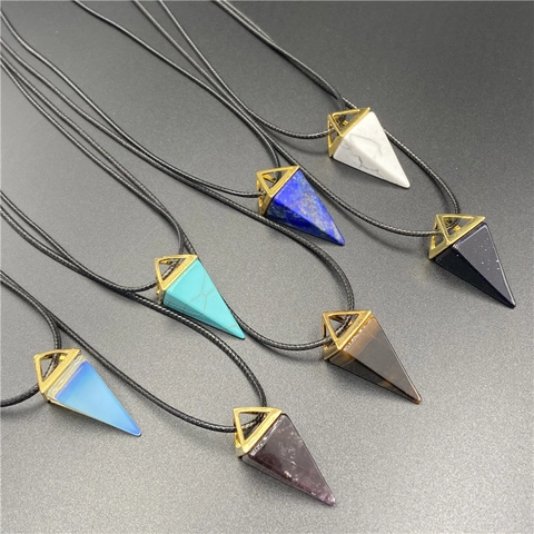 Geometric Amethyst Lapis Lazuli Natural Crystal Pyramid Pendant Necklace Fashion Tiger Eye Stone Healing Jewelry For Women