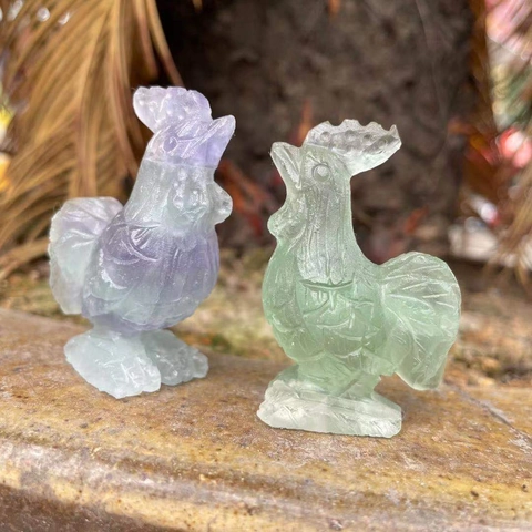 Natural Fluorite Rooster Figurine Hand Carved Crystal Chicken Statue Animal Sculpture Home Office Desk Decor Healing Stone