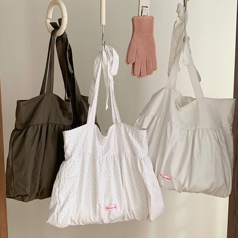 Women Ruched Tote Bag Large Capacity Polyester Canvas Ribbon Bow Shoulder Bag Sweet Korean Style Casual Commuter