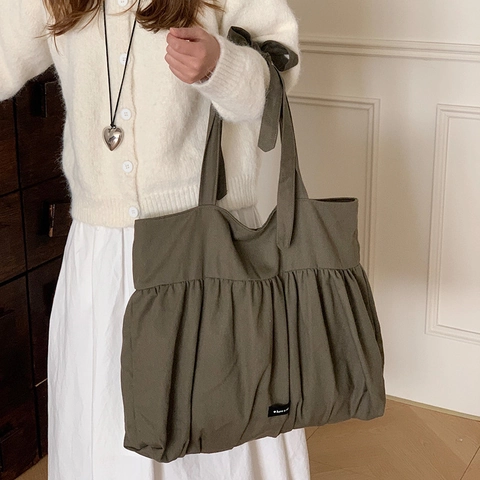Women Ruched Tote Bag Large Capacity Polyester Canvas Ribbon Bow Shoulder Bag Sweet Korean Style Casual Commuter