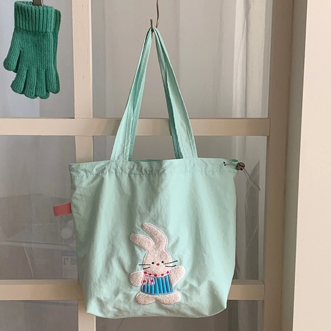 Borsa Tote In Tela Ricamata Con Animali Cartone Animato Donna Grande Capacità Coulisse Spalla Casual Carina