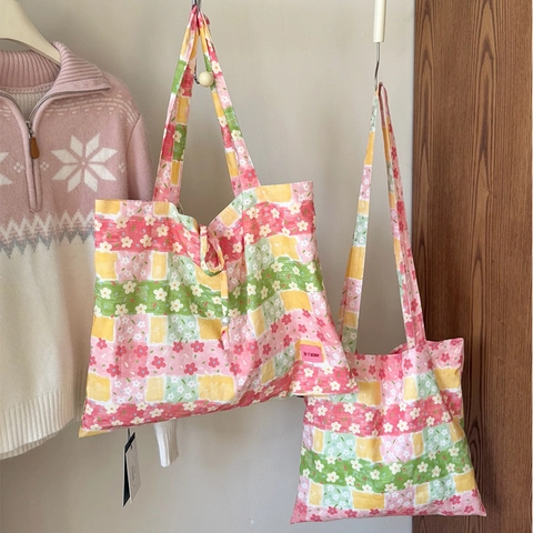Women Patchwork Tote Bag Polyester Floral Plaid Drawstring Shoulder Bag With Artificial Pearl Large Capacity Casual Ethnic Style