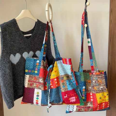Women Patchwork Tote Bag Polyester Floral Plaid Drawstring Shoulder Bag With Artificial Pearl Large Capacity Casual Ethnic Style