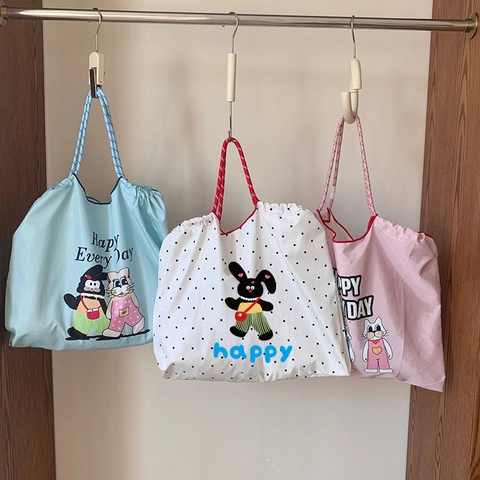 Cartoon Animal Print Large Capacity Tote Bag Drawstring Polyester Shoulder Handbag For Women Checkered Polka Dot Casual