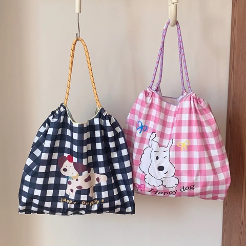 Cartoon Animal Print Large Capacity Tote Bag Drawstring Polyester Shoulder Handbag For Women Checkered Polka Dot Casual
