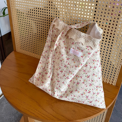 Florale Canvas Umhängetasche Spitze Süßer Pastoraler Schulter Tote Große Handtasche Für Damen