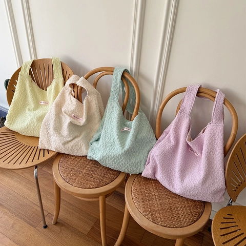 Women Bubble Texture Pleated Tote Bag French Style Polyester Large Capacity Shoulder Handbag Sweet Fresh Casual