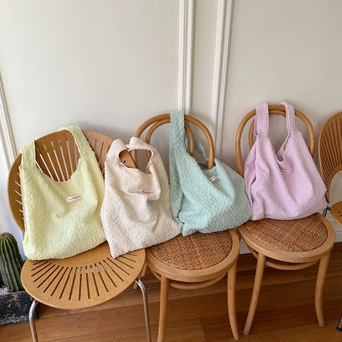 Women Bubble Texture Pleated Tote Bag French Style Polyester Large Capacity Shoulder Handbag Sweet Fresh Casual