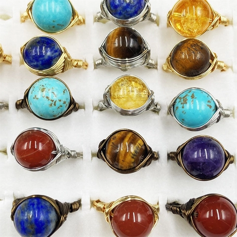 Handmade Wire Wrapped Natural Gemstone Ring Amethyst Tiger Eye Vintage Bohemian Ethnic Jewelry For Women