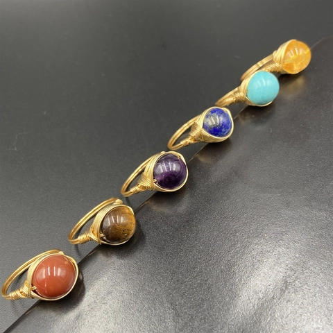 Handmade Wire Wrapped Natural Gemstone Ring Amethyst Tiger Eye Vintage Bohemian Ethnic Jewelry For Women