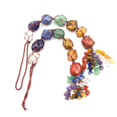 Natuurlijke 7 Chakra Genezende Kristalsteen Hangend Ornament Handgemaakte Gevlochten Koord Trommelsteen Hanger Voor Auto Huis Decor