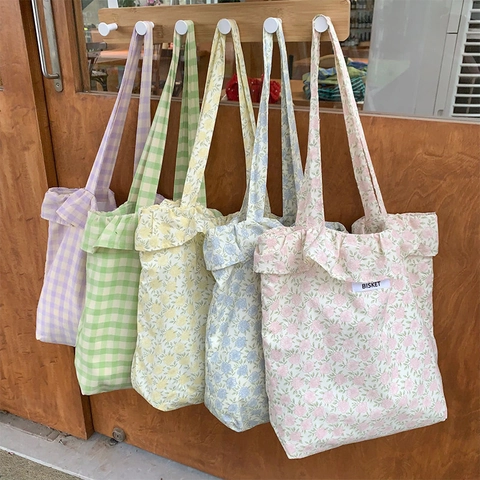 Florale Karo Tragetasche Polyester Rüschenkante Große Kapazität Lässige Schulterhandtasche Für Damen