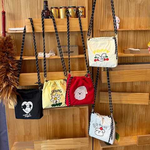Bolso de Cubo con Cordón de Nailon Bordado Casual para Mujer Lindo Bolso Bandolera con Diseño Animal Floral Pequeño