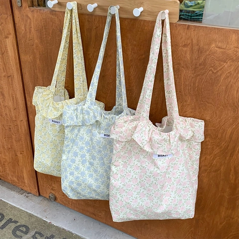 Floral Plaid Tote Bag Polyester Ruffle Edge Large Capacity Casual Shoulder Handbag For Women