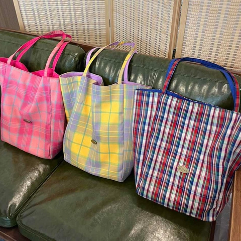 Borsa Tote In Tela A Quadri Reversibile Grande Capacità Borsa A Spalla Casual Stile Coreano In Tessuto Donna