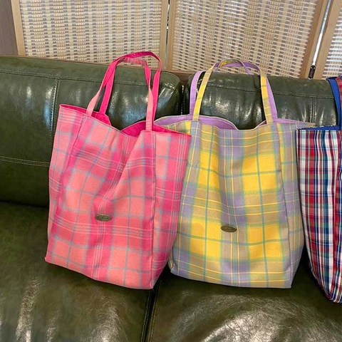 Borsa Tote In Tela A Quadri Reversibile Grande Capacità Borsa A Spalla Casual Stile Coreano In Tessuto Donna