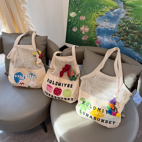 Borsa A Spalla In Tela E Rete Patchwork Stampa Cartone Animato Versatile Casual Leggera Tote Donna