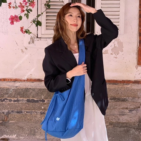 Schoudertas Van Denim Canvas Met Verticale Strepen Casual Hobo Tas Voor Dames Grote Capaciteit Met Trekkoord Tote Bag