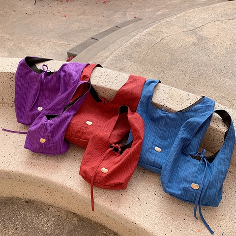 Schoudertas Van Denim Canvas Met Verticale Strepen Casual Hobo Tas Voor Dames Grote Capaciteit Met Trekkoord Tote Bag