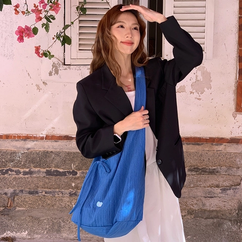 Schoudertas Van Denim Canvas Met Verticale Strepen Casual Hobo Tas Voor Dames Grote Capaciteit Met Trekkoord Tote Bag