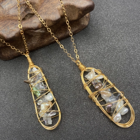 Collar Con Colgante De Perla Barroca Irregular De Agua Dulce Hecho A Mano Envuelto En Hilo Dorado Piedra Natural Joyería Minimalista