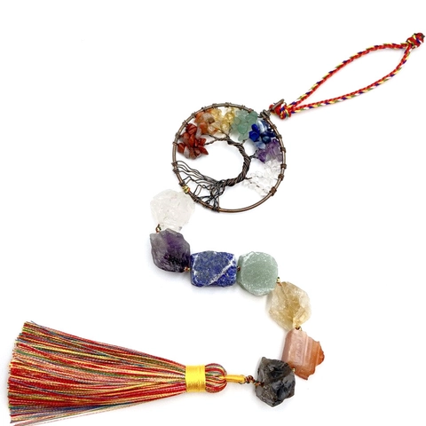 Φυσικό Κρεμαστό Αυτοκινήτου Δέντρο της Ζωής με 7 Τσάκρα Ακατέργαστη Πέτρα Χειροποίητο Κρυστάλλινο Διακοσμητικό με Φούντα