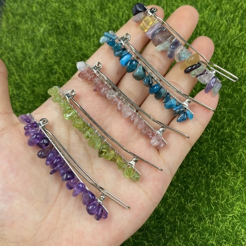 Vintage Natural Crystal Chips Hair Clip Amethyst Rose Quartz Metal Hand Woven Wire Wrap Bohemian For Women Accessories