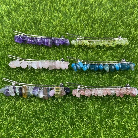 Vintage Natural Crystal Chips Hair Clip Amethyst Rose Quartz Metal Hand Woven Wire Wrap Bohemian For Women Accessories