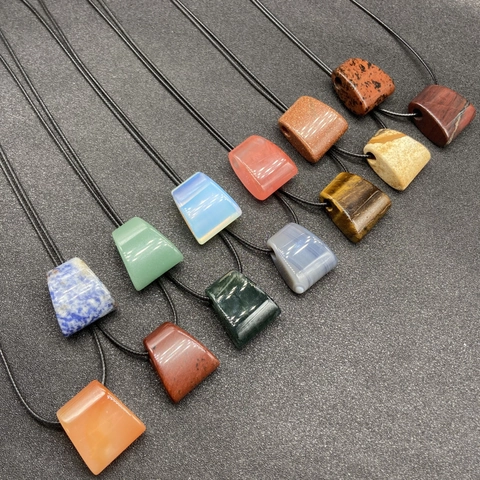 Naturstein Trapez Anhänger Halskette Achat Tigerauge Aventurin Kristall Mit Schwarzer Kordel Ethnisch Retro Schmuck