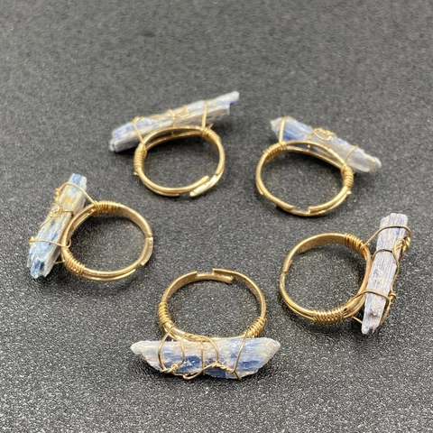 Handmade Bohemian Ring Natural Blue Kyanite Raw Stone Adjustable Gold Alloy Wire Wrapped Organic Jewelry For Women