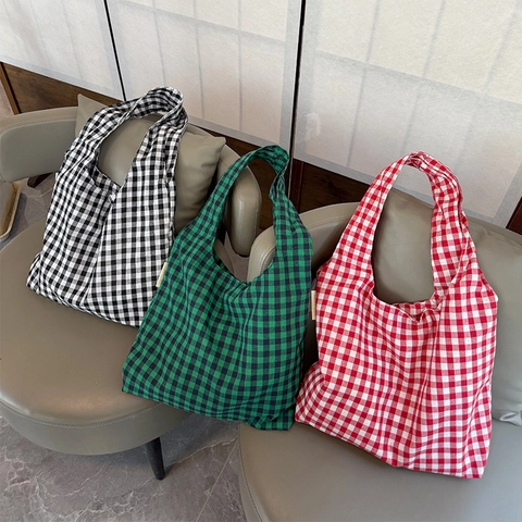 Women Large Capacity Gingham Plaid Tote Bag Shoulder Bag Polyester Canvas Vintage Style Shopping Bag With Inner Zipper Pocket