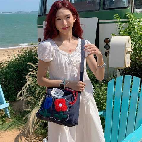 Borsa a Tracolla Casual in Denim da Donna Con Applicazione Ricamo Floreale e Coulisse Per Vacanze e Quotidiano
