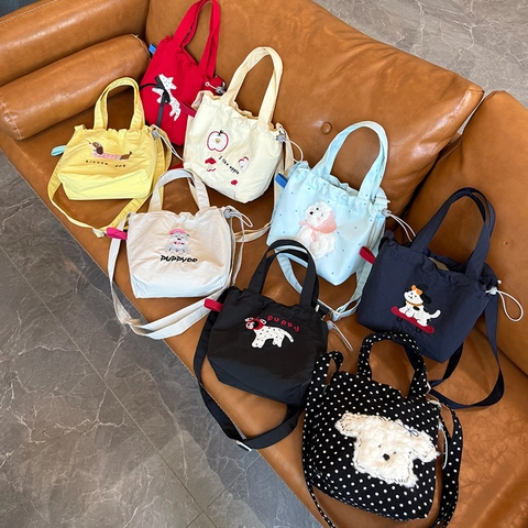 Women's Cute Cartoon Animal Embroidery Canvas Nylon Crossbody Bag Dog Apple Pattern Drawstring Handbag Polka Dot Tote For Daily Shopping Girls