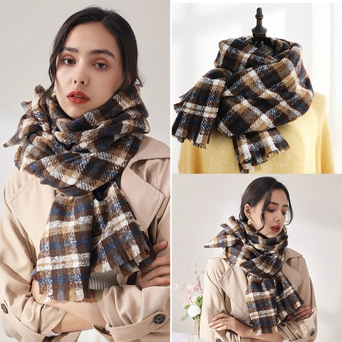 Plaid Scarf Women Winter Thick Warm Cashmere Like Polyester Tassel Shawl Wrap Soft Fashion Elegant Retro Style Cozy