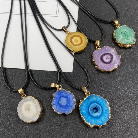 Collier Pendentif Tranche Agate Cristal Naturel Bord Doré Irrégulier Pierre De Guérison Bijoux Style Bohème Cadeau