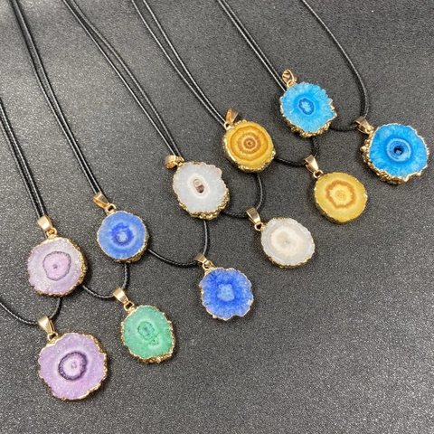 Collier Pendentif Tranche Agate Cristal Naturel Bord Doré Irrégulier Pierre De Guérison Bijoux Style Bohème Cadeau